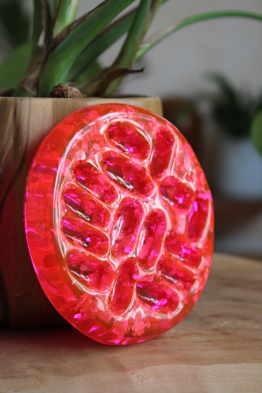 Coupelle à bijoux ronde en résine rose vif translucide à motif alvéolé