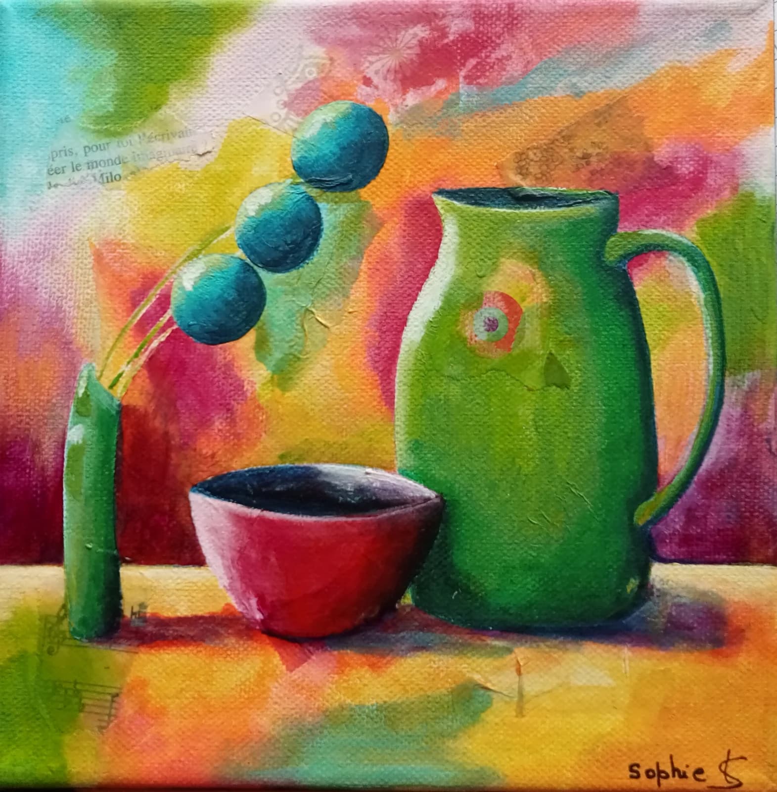 Peinture de nature morte avec pichet vert, bol rouge et tiges aux sphères bleues sur fond multicolore.